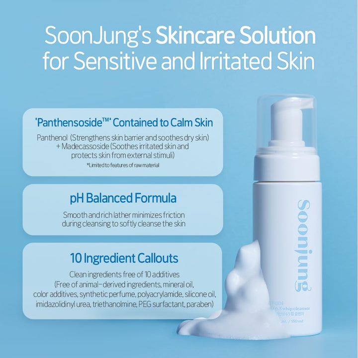 ETUDE SoonJung pH 6.5 Whip Facial Cleanser 5.1 fl. oz. (150ml) 21AD | Soft Bubble Fragrance-Free Low-pH Korean Hydrating Cleansing Wash for Sensitive Skin | Korean Skin Care, K-Beauty | Vegan