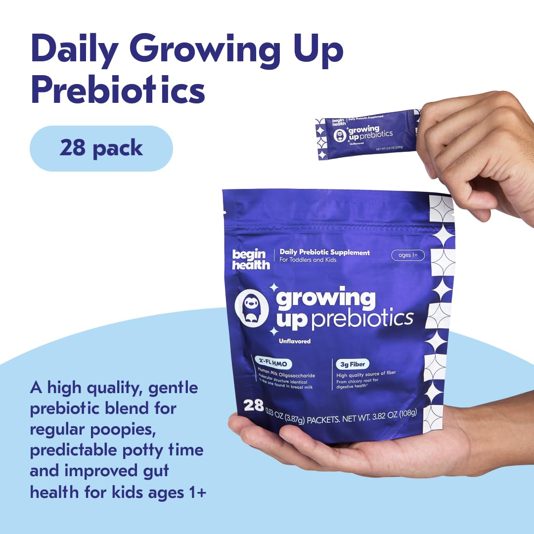 Begin Health Growing Up Prebiotics for Kids 28-Packs | Prebiotic Soluble Powder Stool Softeners and Digestive Gut Health Supplement | Ideal to Mix with Kids Daily Beverages and Soft Foods - Unflavored
