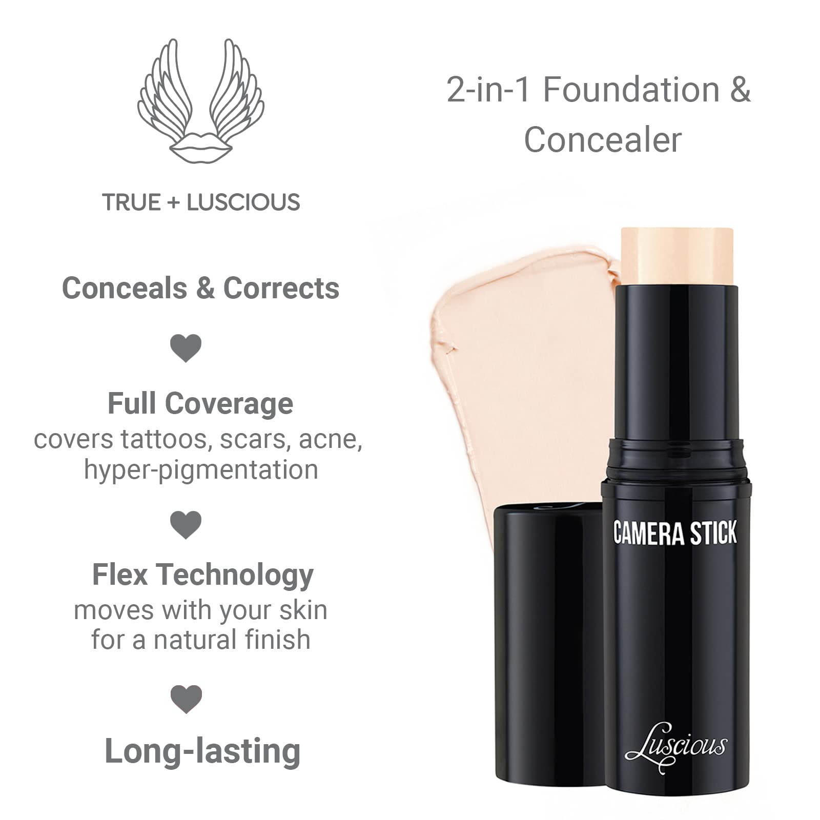 Camera Stick Foundation by Luscious Cosmetics. Full Coverage Cream Foundation Cruelty-Free and Vegan Makeup. (000 Porcelain)