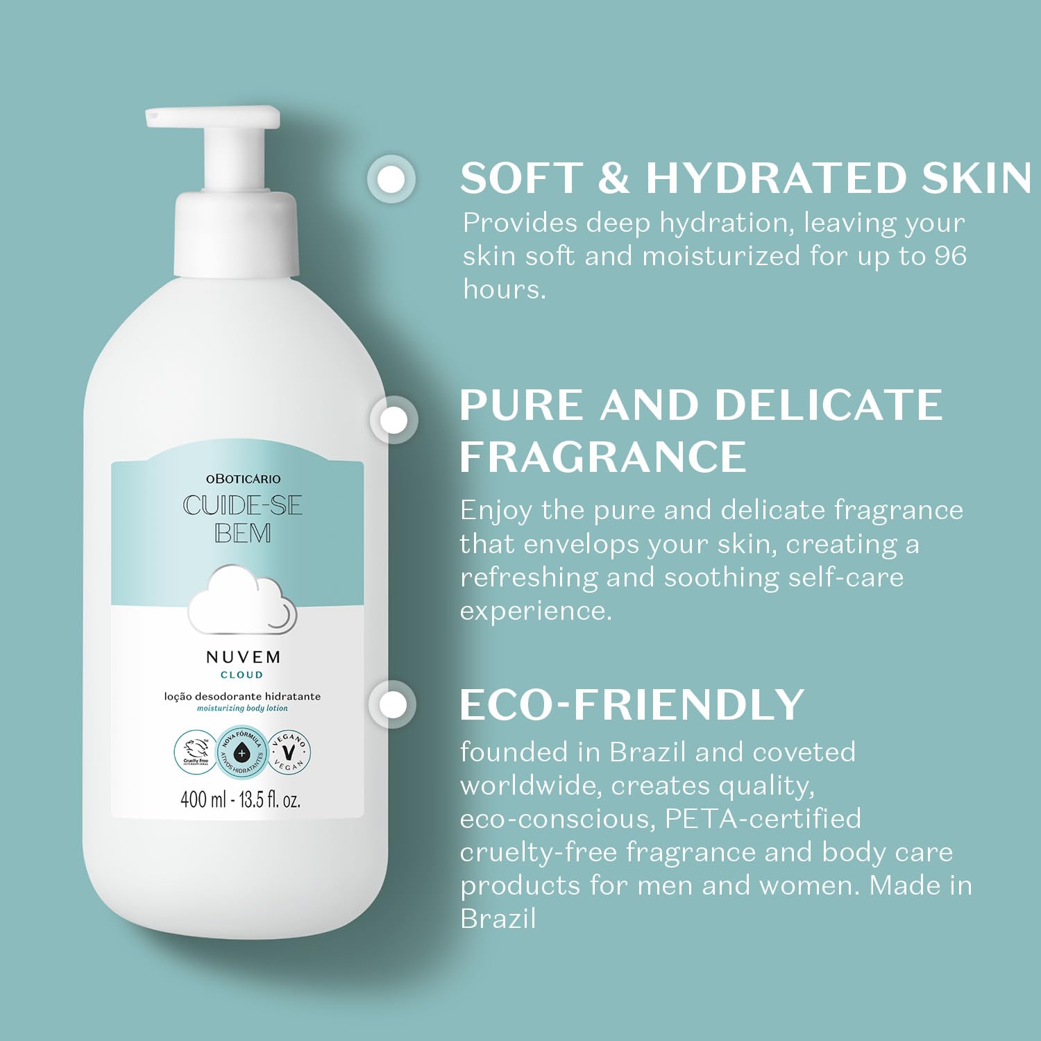 O Boticário Cuide-se Bem Cloud Moisturizing Body Lotion, Soft, Hydrated Skin with Pure and Delicate Fragrance, 13.5 Ounce (400ml)