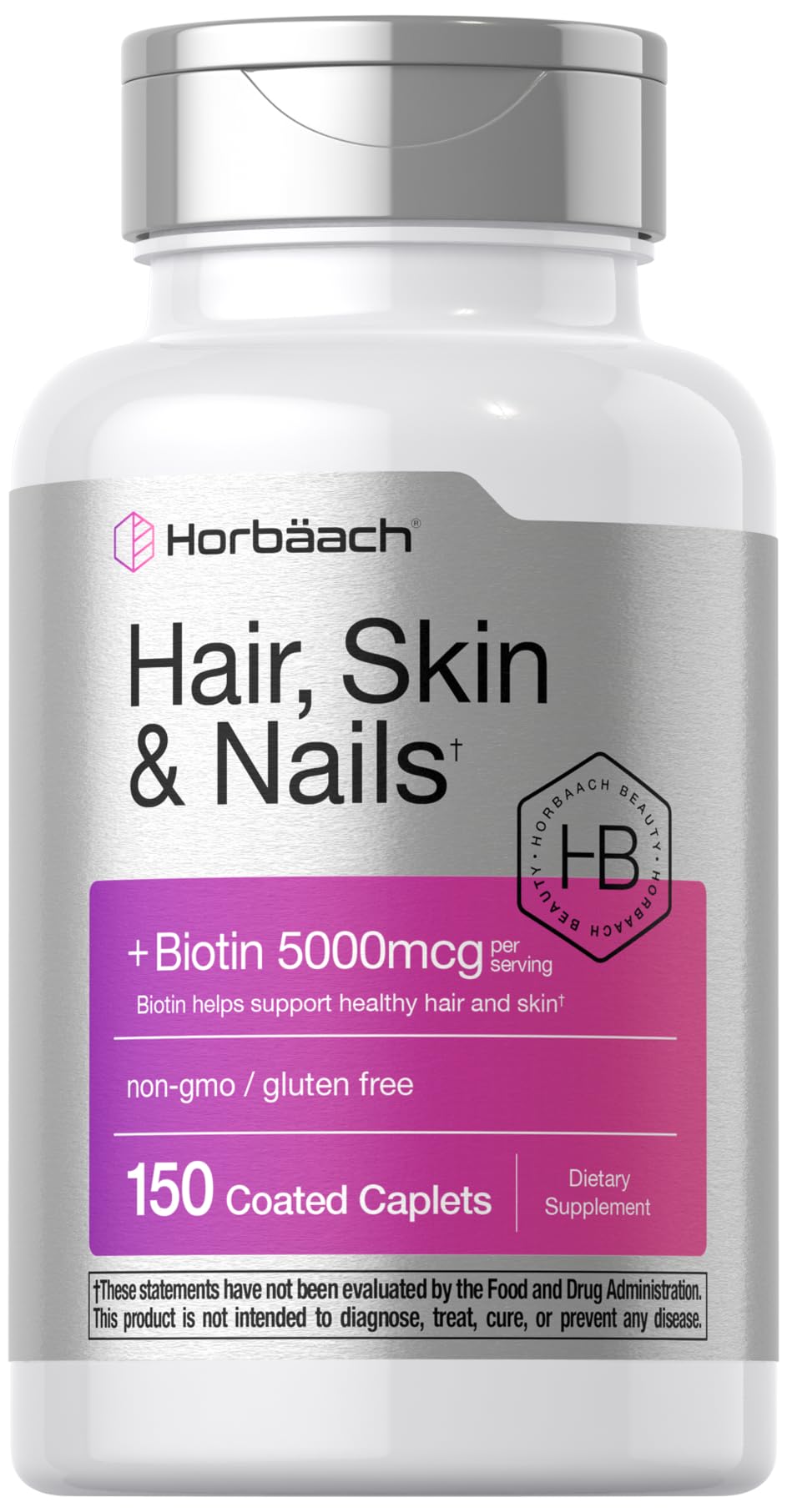Horbäach Hair Skin and Nails Vitamins | 150 Caplets | with Biotin and Collagen | Supplement for Women and Men | Non-GMO, Gluten Free