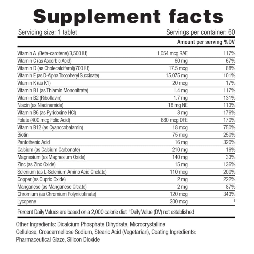 herbolab Multivitamin Once Daily, Max Strength Vitamins A, C, D, E, K, B1, B2, B6, B12, Niacin, Calcium, Magnesium, Zinc, Selenium, Copper, Manganese, Chromium with Lycopene, 60 Count 2 Mo Supply