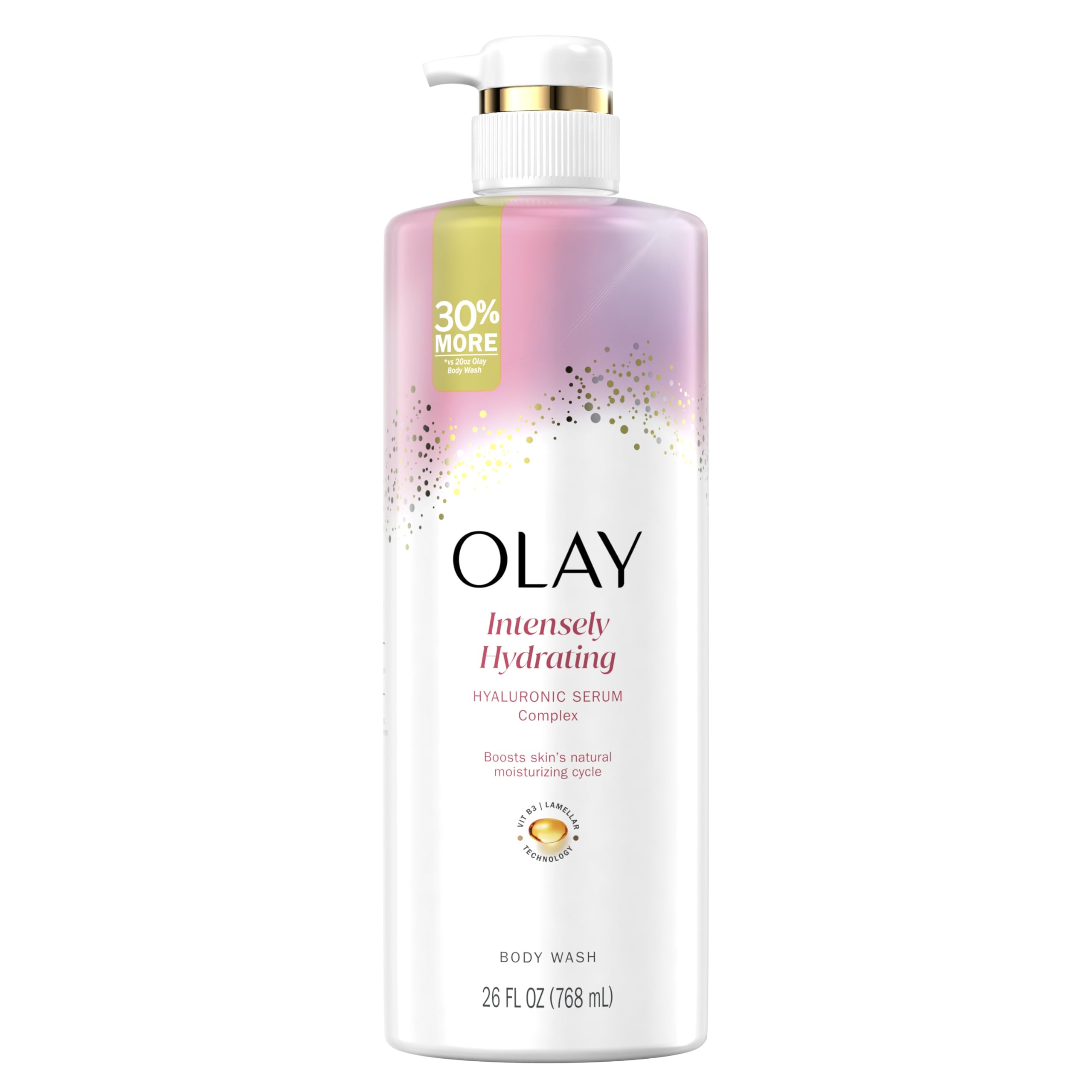 Olay Body Wash for Women, Intensely Hydrating, Hyaluronic Acid Serum Complex, Renews Moisture, Vitamin B3 Lameller Technology, For All Skin Types, 26 fl oz