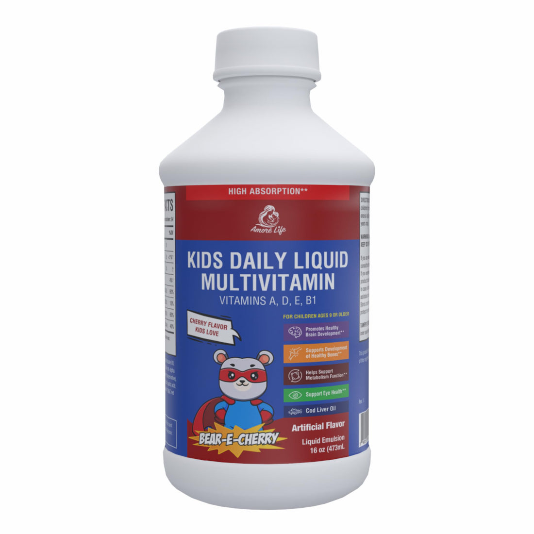 Kids Liquid Multivitamin with Vitamins A, D, E, B1, and Cod Liver Oil, Liquid Multivitamin for Kids, Vitamins for Kids, High Absorption, 16oz, Cherry Flavor