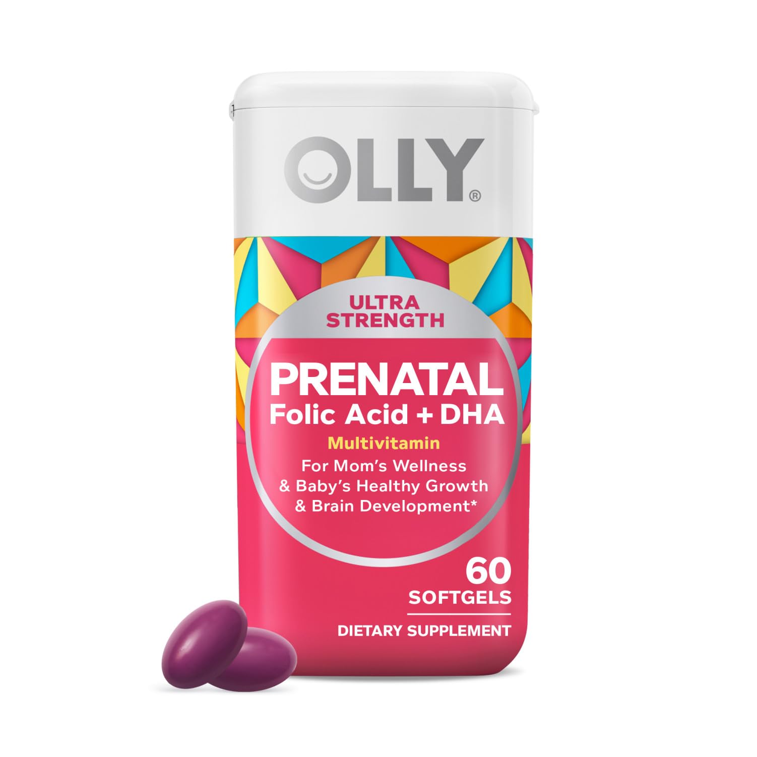 OLLY Ultra Strength Prenatal Multivitamin Softgels, Supports Healthy Growth, Brain Development, Iron, Folic Acid, DHA, Vitamins C, E, 30 Day Supply-60 Count