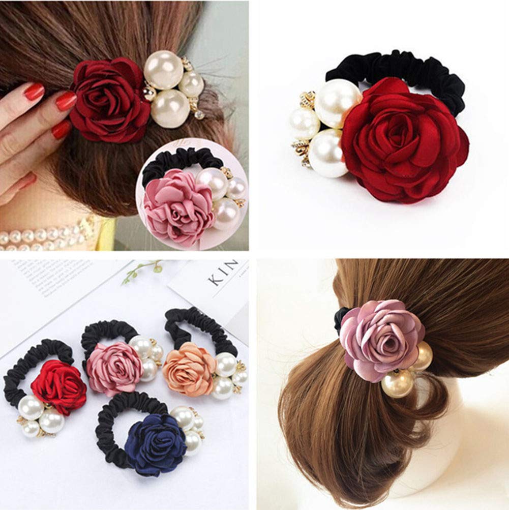 Lovef 4Pcs Korean Fashion Pearl Hair Rope Rose Flower Hair band Rhinestone Hair Ties Rubber Band Hair Jewelry