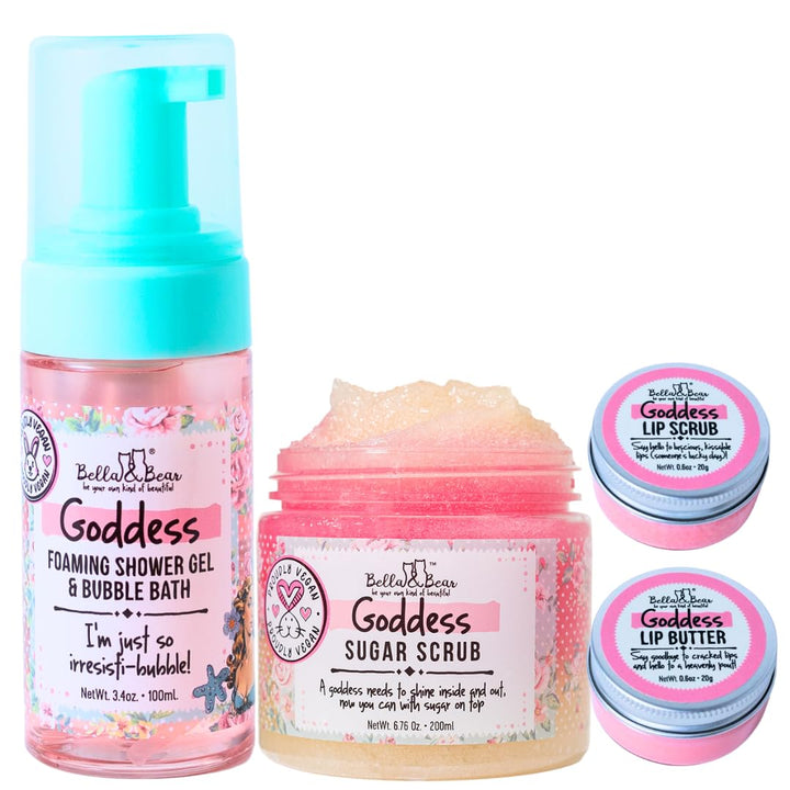 Bella & Bear Goddess MIdi Bath & Body Gift Set with Foaming Shower Gel & Bubble Bath, Body Scrub & Lip Scrub and Lip Butter - Gift - Women - Great for Easter gifts or Mothers Day basket.