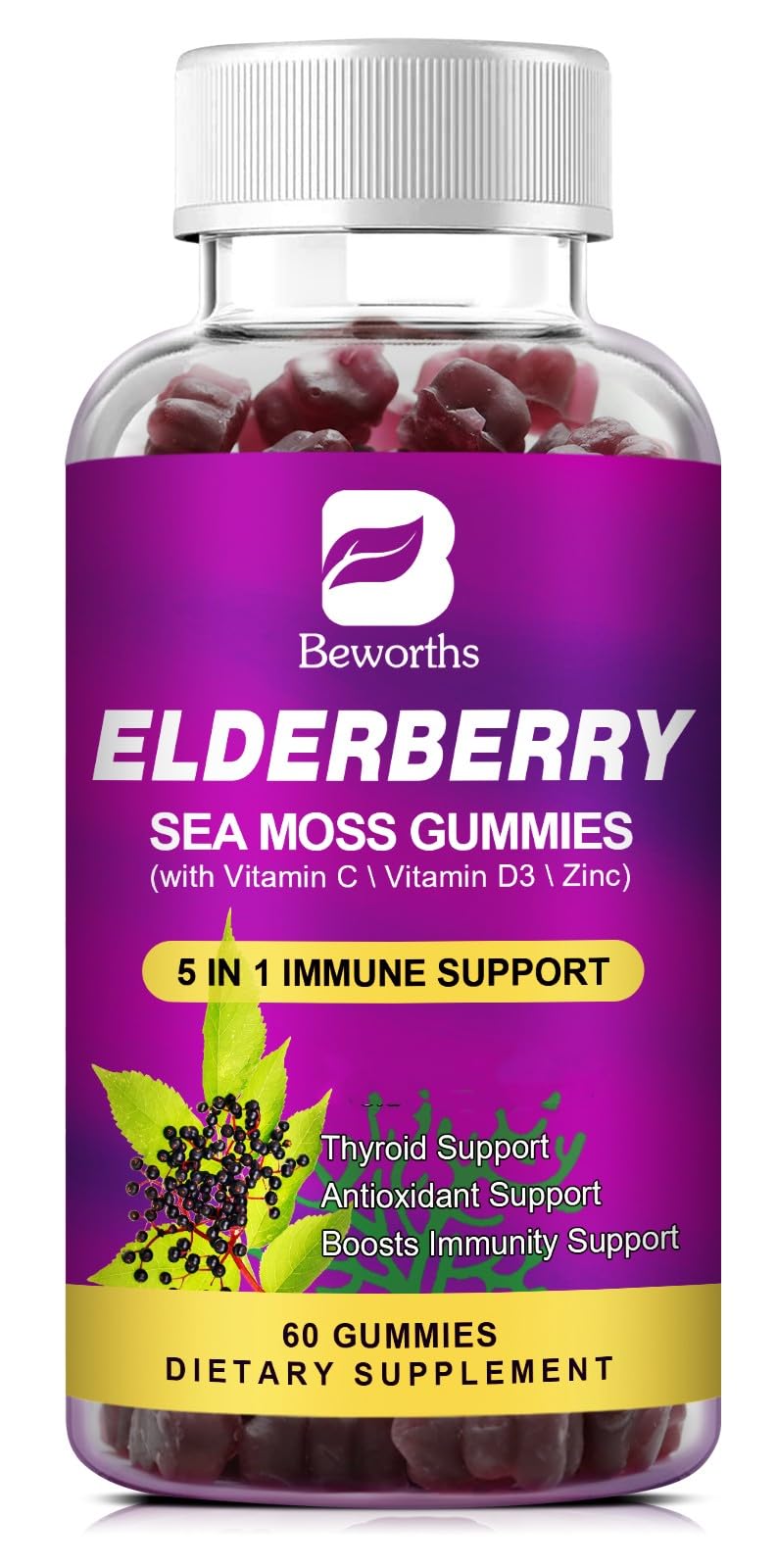 B BEWORTHS Elderberry Gummies & Irish Sea Moss, Organic Sambucus Elderberry Gummy with Seamoss, Zinc, Vitamin C, D3, Multivitamin Elderberry Vitamin & Energy Support Supplements - Sugar-Free
