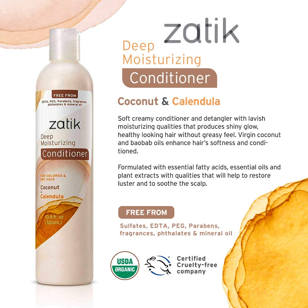Zatik Naturals - Coconut and Calendula Deep Moisturizing Conditioner for Colored and Dry Hair, Bio-degradable, pH Balanced, Vegan (10.8 fl oz, 320ml)FREE FROM EDTA, PEG, Parabens, fragrances, phthalat