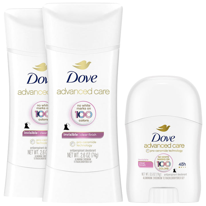 Dove Antiperspirant Deodorant for Women, Clear Finish, 2-Pack + Travel-Size – No White Marks, Pro-Ceramide Technology, Vegan & Cruelty-Free