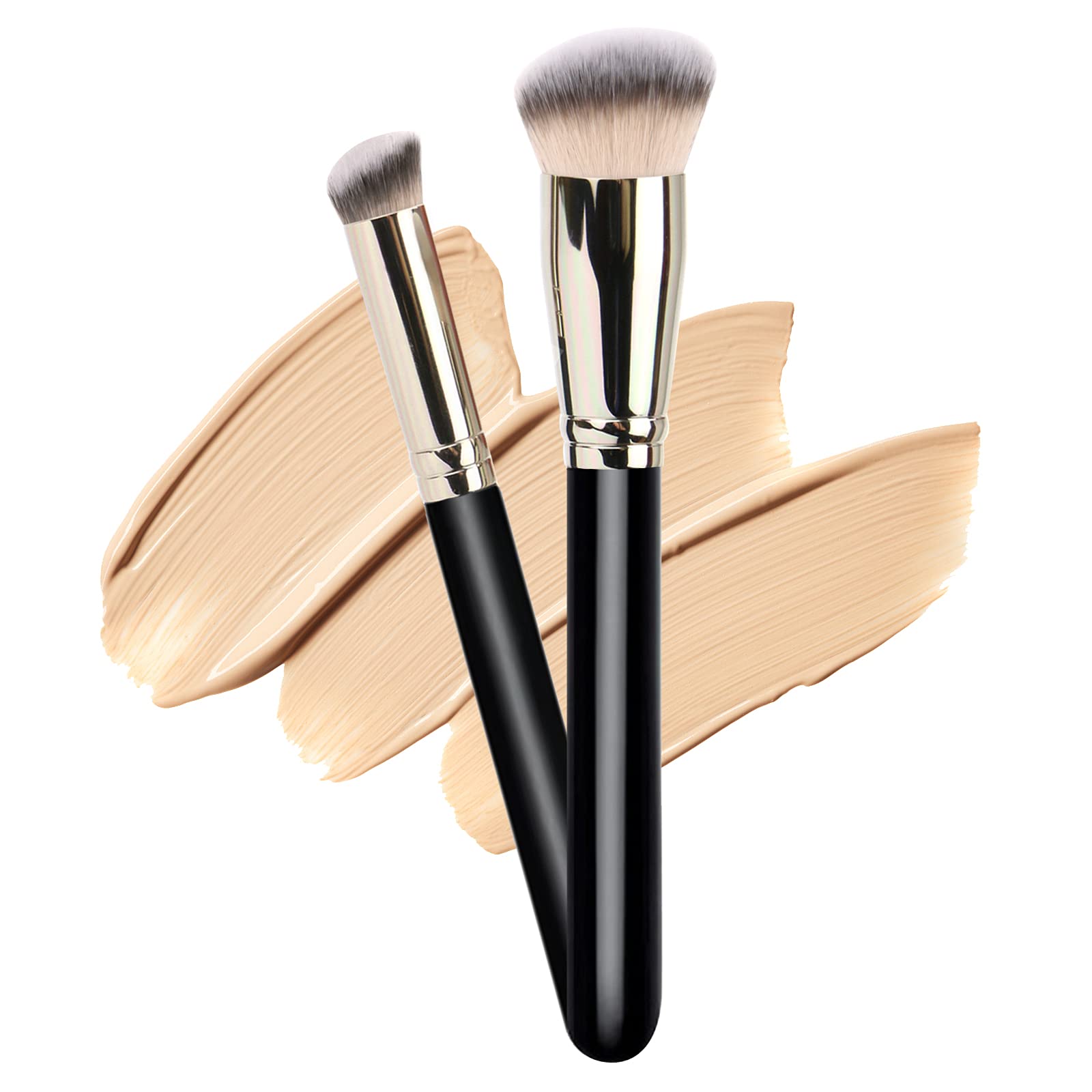 Makeup Brush with 1PCS Round Slanted Foundation Brush and 1PCS Mini Angled Concealer Brush Flat Top Kabuki Nose Contour Brush Perfect for Blending Liquid,Buffing,Cream,Sculpting,Mineral Makeup