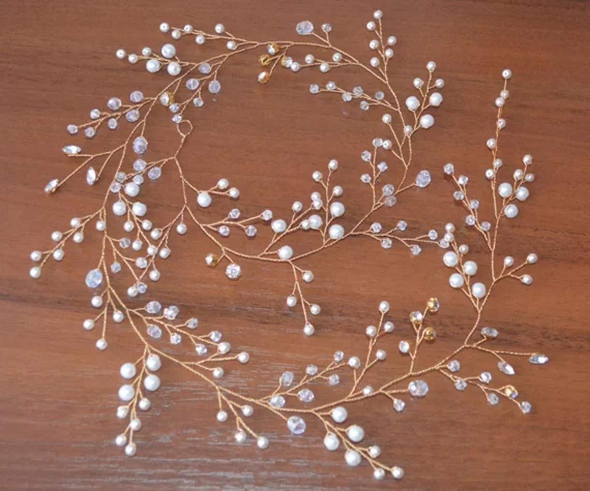 Deniferymakeup Bridal Crystal and Pearl Hair Vine Bridal Hair Vine Wedding Head Piece Bridal Hair Accessories Headband Hair Jewelry Hair Accessories Bridal Hair Twig Wedding Tiara (Gold)