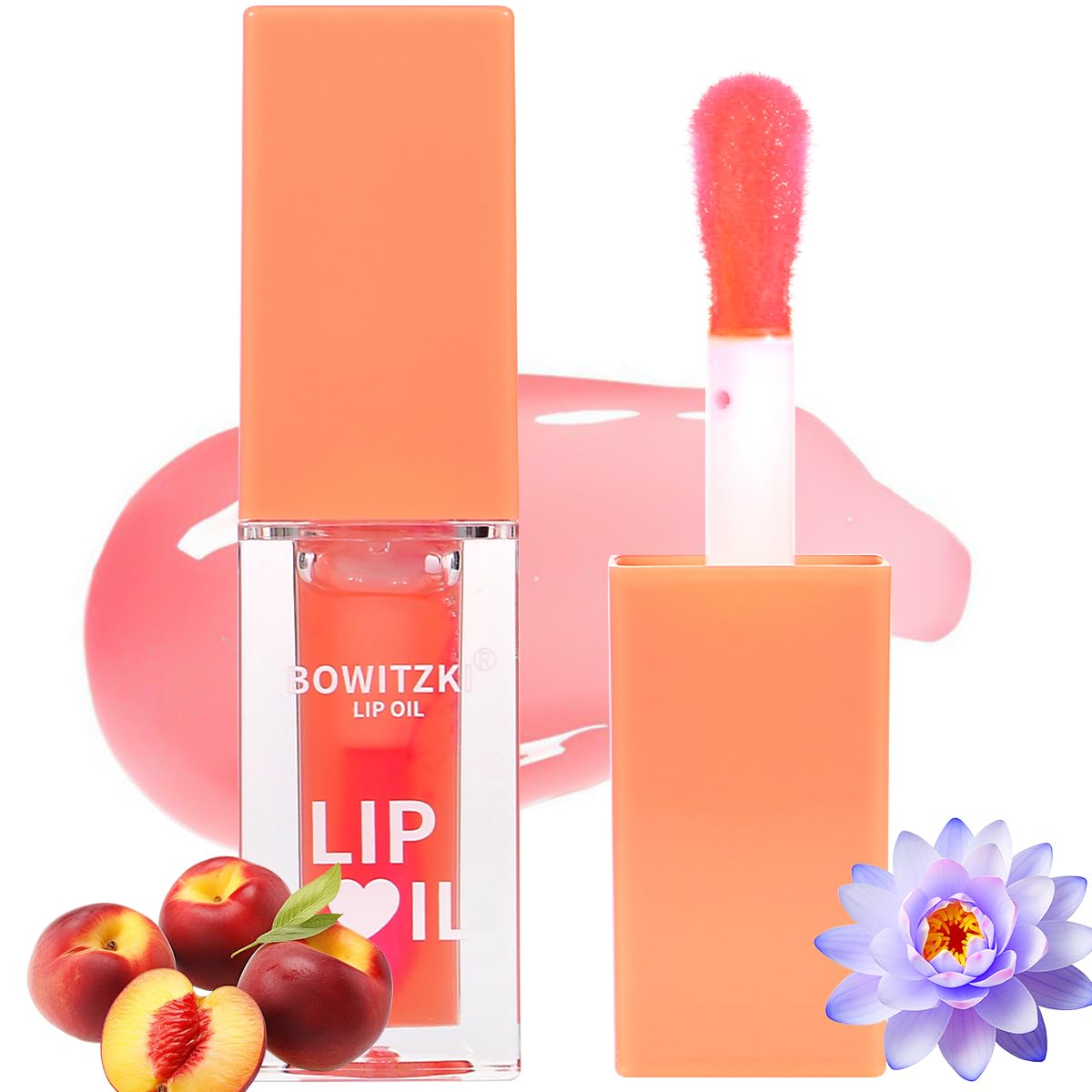 Bowitzki Color Changing Lip Oil Lip Glow Gloss Hydrating Transparent Tinted Nourishing Long Lasting Lip Balm Care Moisturizing Repairing Lightening Lip Lines Blue Lotus Tocopherol Squalane (Peach)