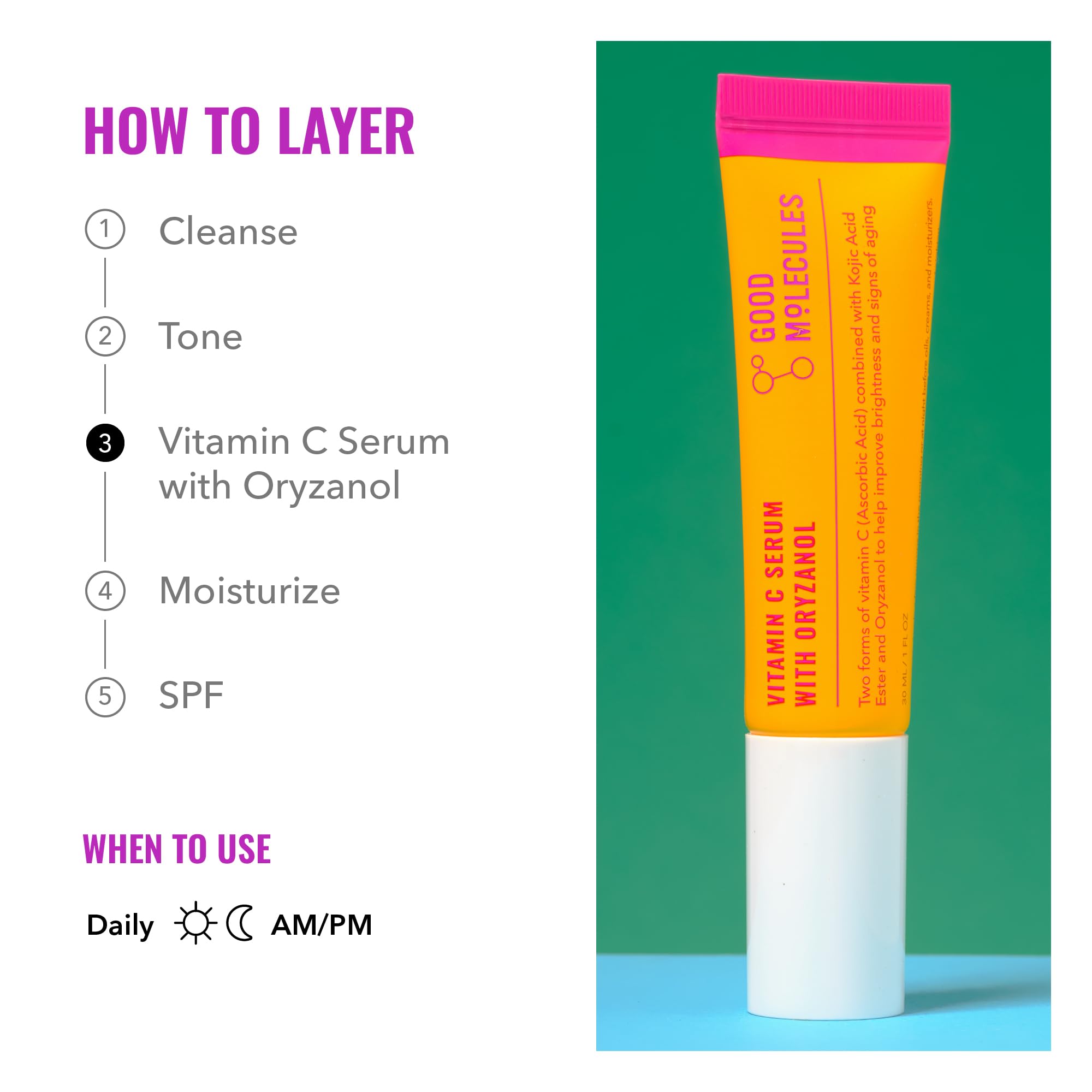 Good Molecules Vitamin C Serum with Oryzanol - Facial Serum for Firm, Youthful Skin Tone - Collagen Production, Anti-Aging, and Skin Repair