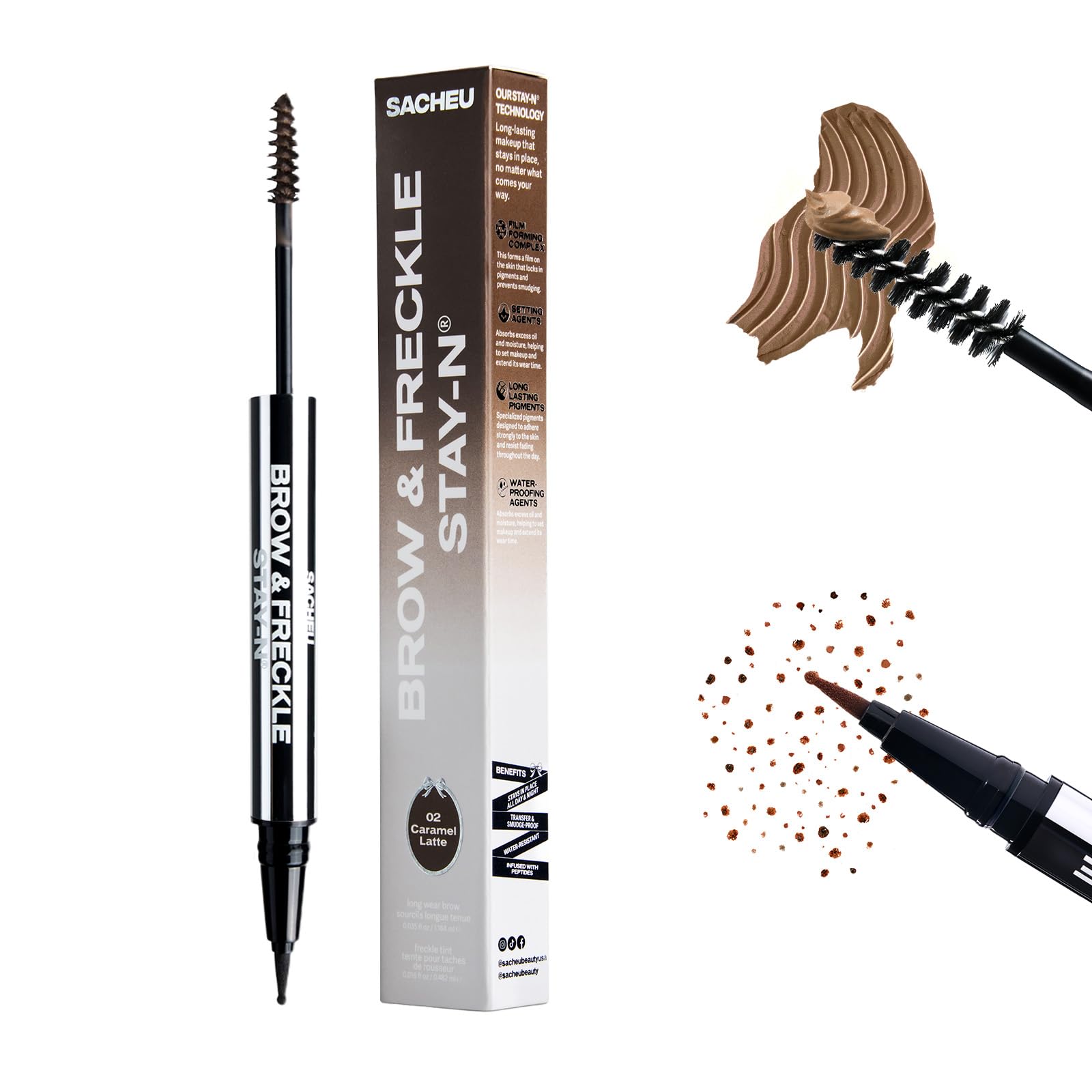 Sacheu Brow & Freckle STAY-N Tinted Eyebrow Gel & Faux Freckle Pen — 2-in-1 Longwear Water Resistant Brows Tint, Cruelty-Free & Vegan, Caramel Latte
