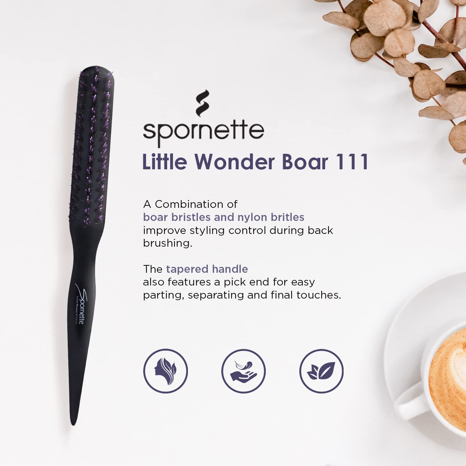 Spornette Little Wonder Teasing Brush, Boar & Tourmaline Nylon Bristles - Tapered Handle for Back Brushing & Combing, Creating Volume, Teasing, & Slicking Hair for Updos (Purple)