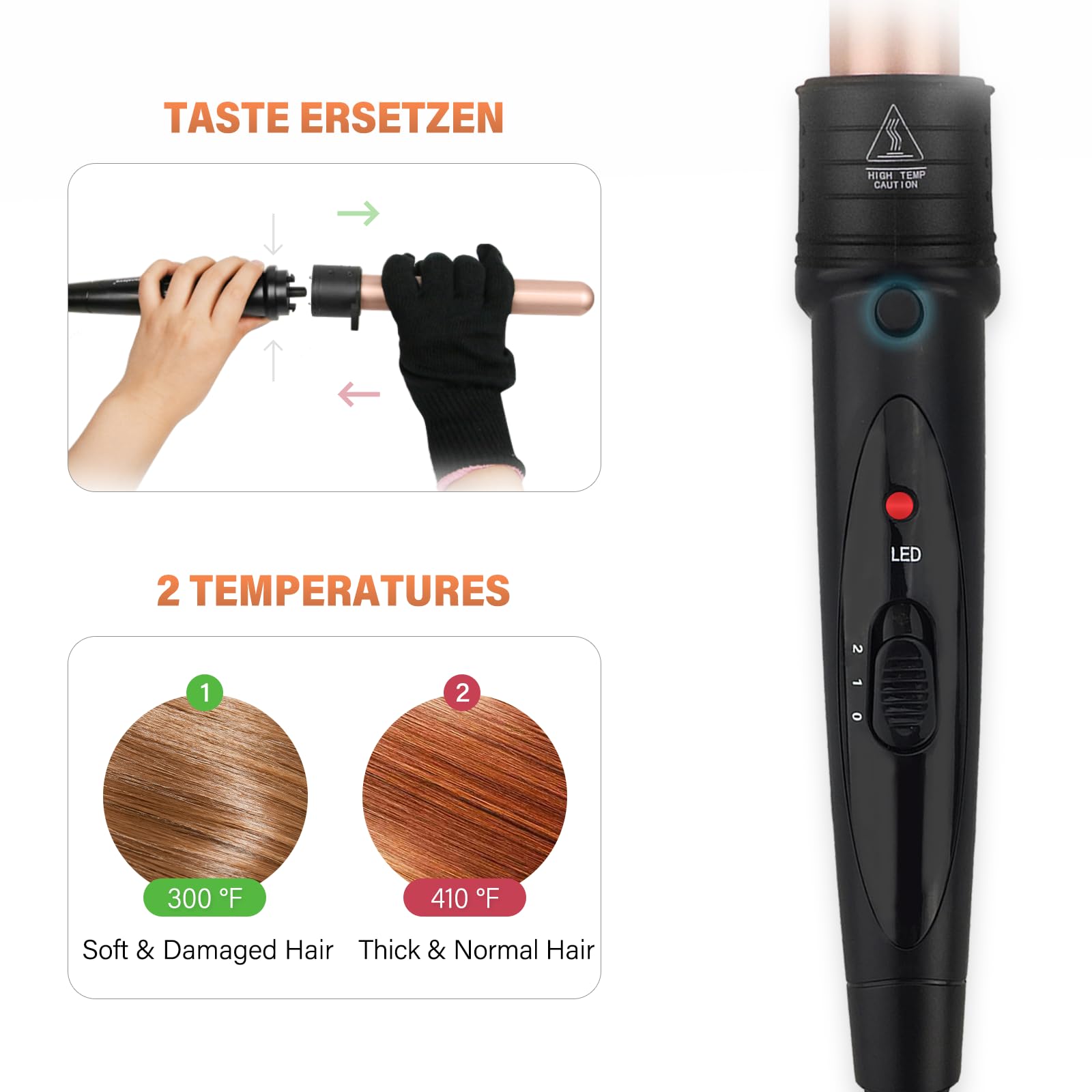 Curling Iron Set,Janelove Professional Curling Wand Set ,5 in 1 ( 0.25 to 1.25 Inch) ,Heating Up Hair Curler Interchangeable Barrels with Heat Resistant Glove&2 Hair Clips-Gold Pink