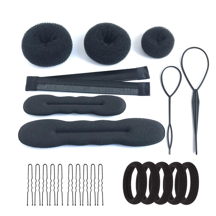 iFlyMars 3 Pieces Hair Donut Bun Makers, 2 Pieces Foam Sponge Bun Shapers, 1 Pieces Magic French Twist Hairstyle Clip,2 Snap Bun Makers,10 pieces Hair Elastic Bands, 20 pieces Hair Pins (Black)