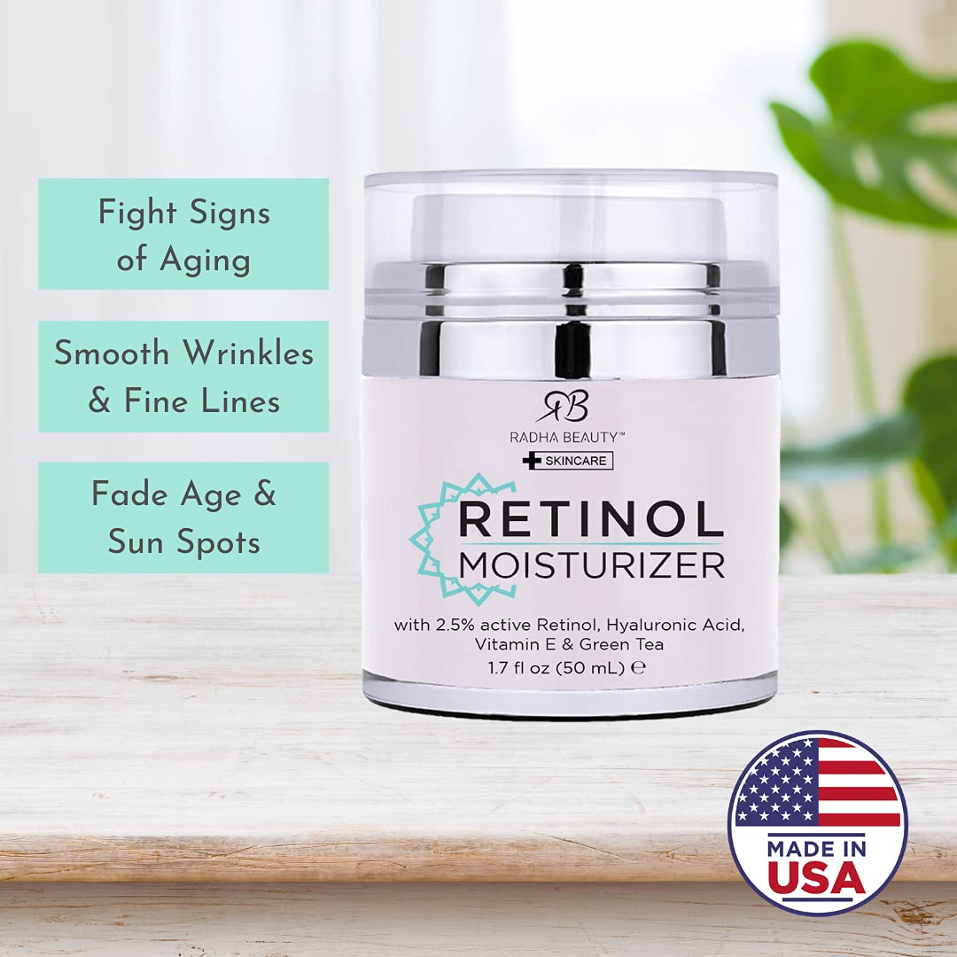 Radha Beauty 2.5% Retinol, Hyaluronic Acid and Jojoba Oil Moisturizing Cream for Face 1.7 fl. Oz