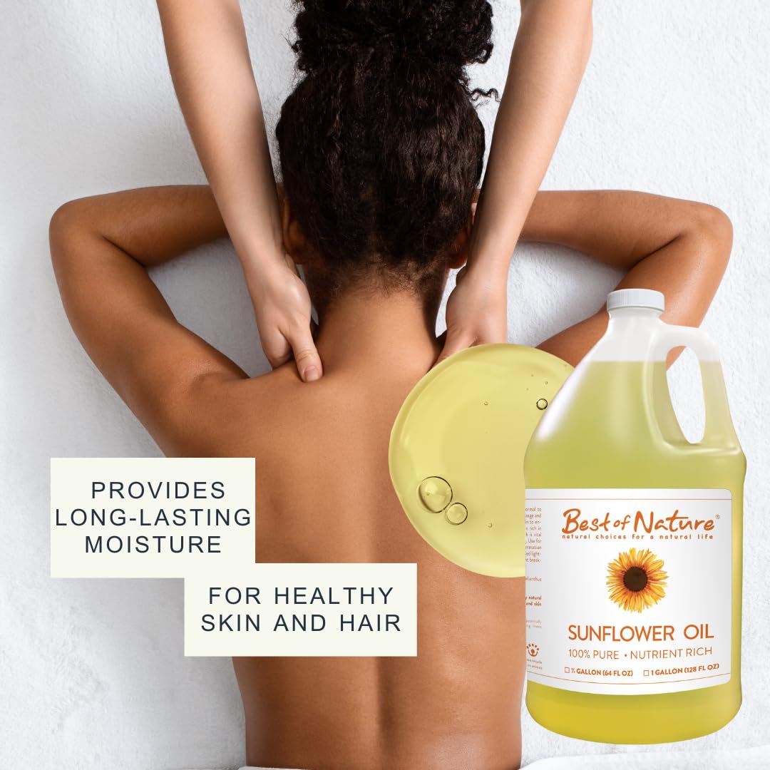 Best of Nature 100% Pure Sunflower Massage Oil, Lightweight Deep Moisturizing Unscented Oil for Skin, Body & Massage, Nourishing Hydration for Hair & Face, 1 Gallon (128 fl oz)