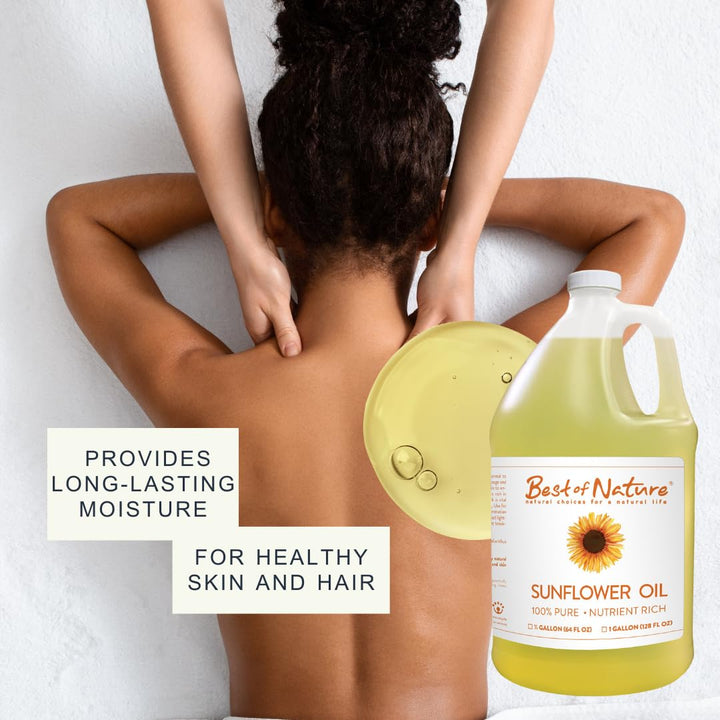 Best of Nature 100% Pure Sunflower Massage Oil, Lightweight Deep Moisturizing Unscented Oil for Skin, Body & Massage, Nourishing Hydration for Hair & Face, 1 Gallon (128 fl oz)
