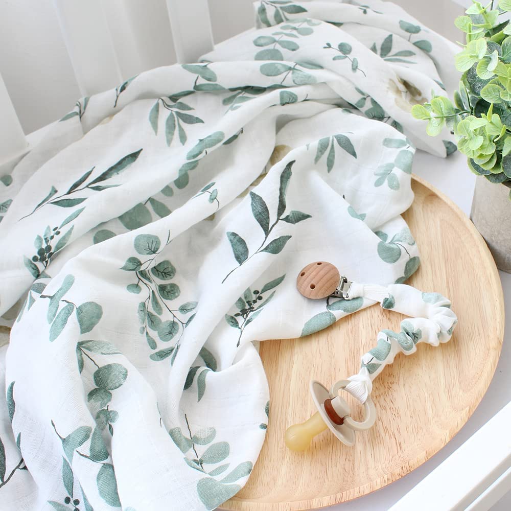 LifeTree Newborn Swaddle Set with Matching Hat and Headband Bow, Wooden Birth Announcement Card, Muslin Baby Swaddle Blankets for Boys & Girls, Eucalyptus Pattern