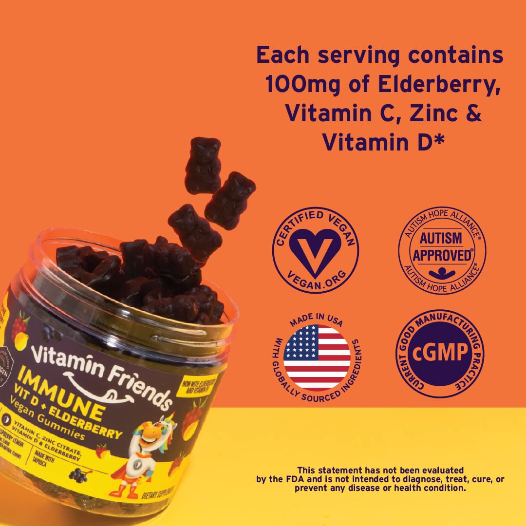 Vitamin Friends - Elderberry, Vitamin C Gummies - Vegan Immune System Booster Blended Supplements - Health Support w/ Zinc Citrate & Vitamin D - Advanced Immune Support - 30 Day Supply – 1 Pack