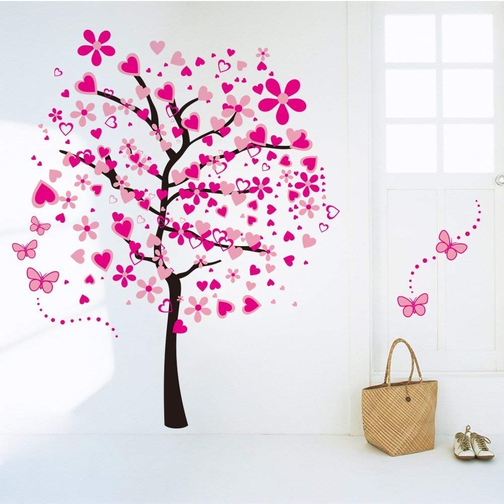 LiveGallery Removable Huge Pink Cartoon Heart Flower Tree Wall Decals Red Butterfly Wall Stickers Home Art Decor for Kids Girls Babys Bedroom Nursery Room Living Room Decorations