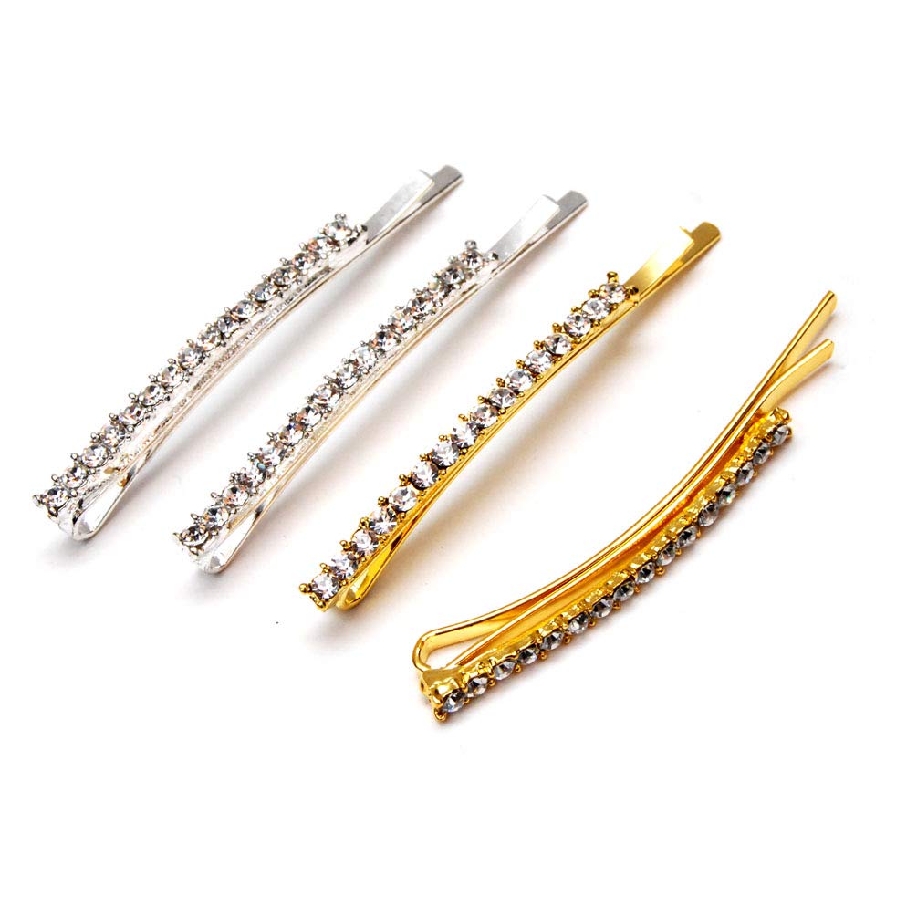 Luxxii Rhinestone Crystal Decorated Hair Barrette Clip Hair Pin (Pack 4, Silver & Gold Tone)