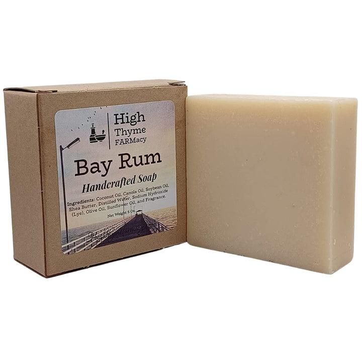 High Thyme FARMacy Bay Rum Soap - 5 Ounce Bar of Vanilla, Clove, Cinnamon, Musk, and Citrus Scented Lye Soap - Moisturizing Bath Soap with a Classic Bay Rum Scent