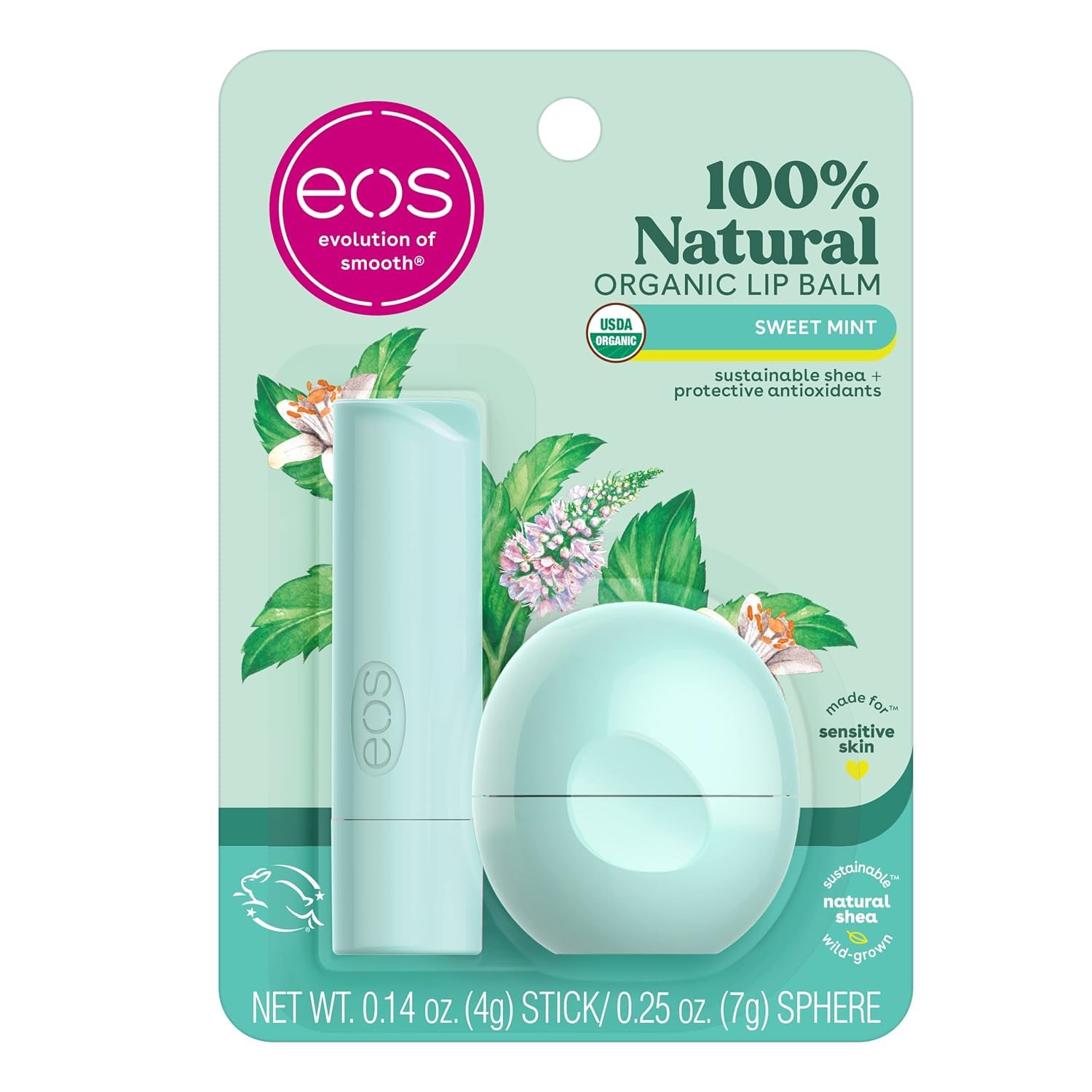 eos, 100% Natural Shea Lip Balm, Sweet Mint, 2 Pack, 0.39 oz (11 g)