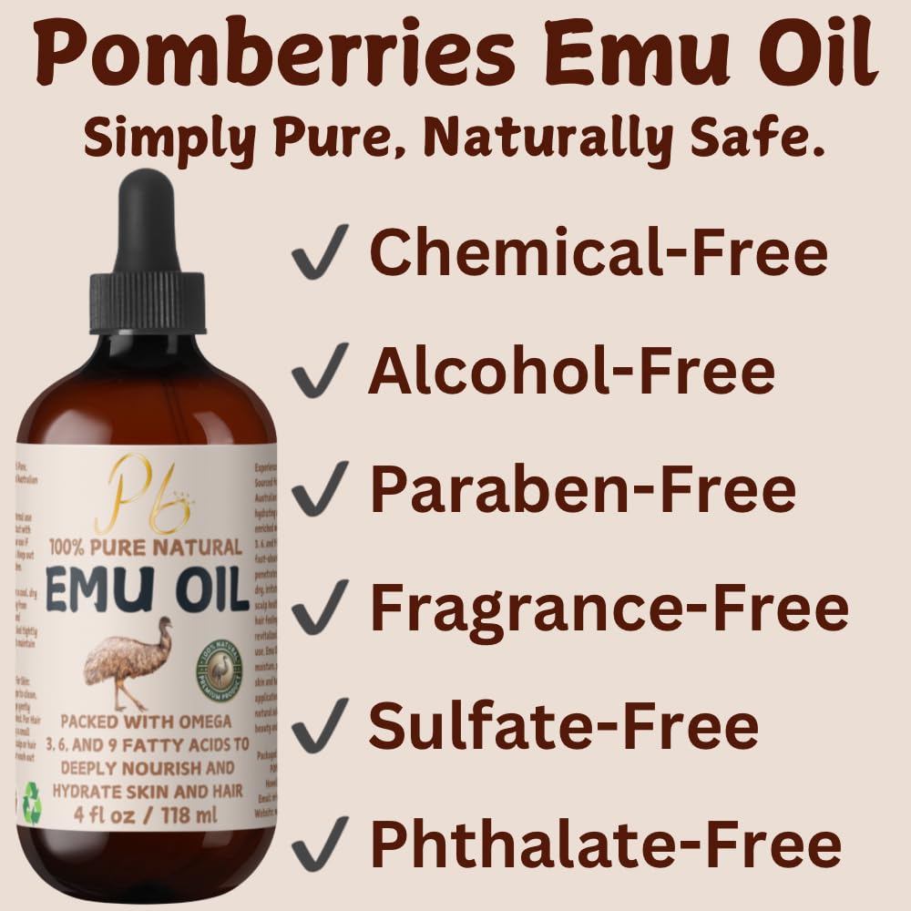 Emu Oil, 100% Pure Australian Emu Oil – Refined & Unscented – Natural Moisturizer for Hair, Skin, Face & Body – Helps with Scars, Dry Skin & Massage – 4 fl oz Glass Bottle