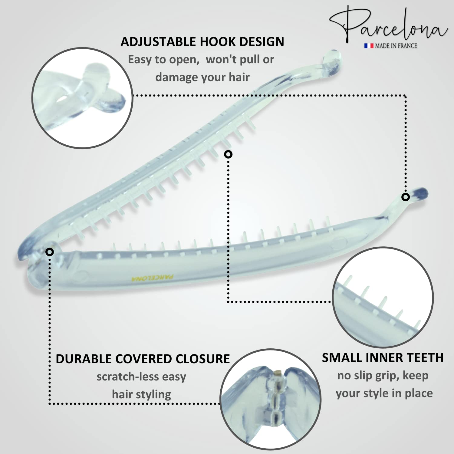 Parcelona French Small 3 Ã‚¾ââ‚¬Â Celluloid Set of 2 French Banana Hair Clip Flexible Ponytail Holder Fashion Durable Styling Paris Hair Accessories for Women, Made in France (Clear)