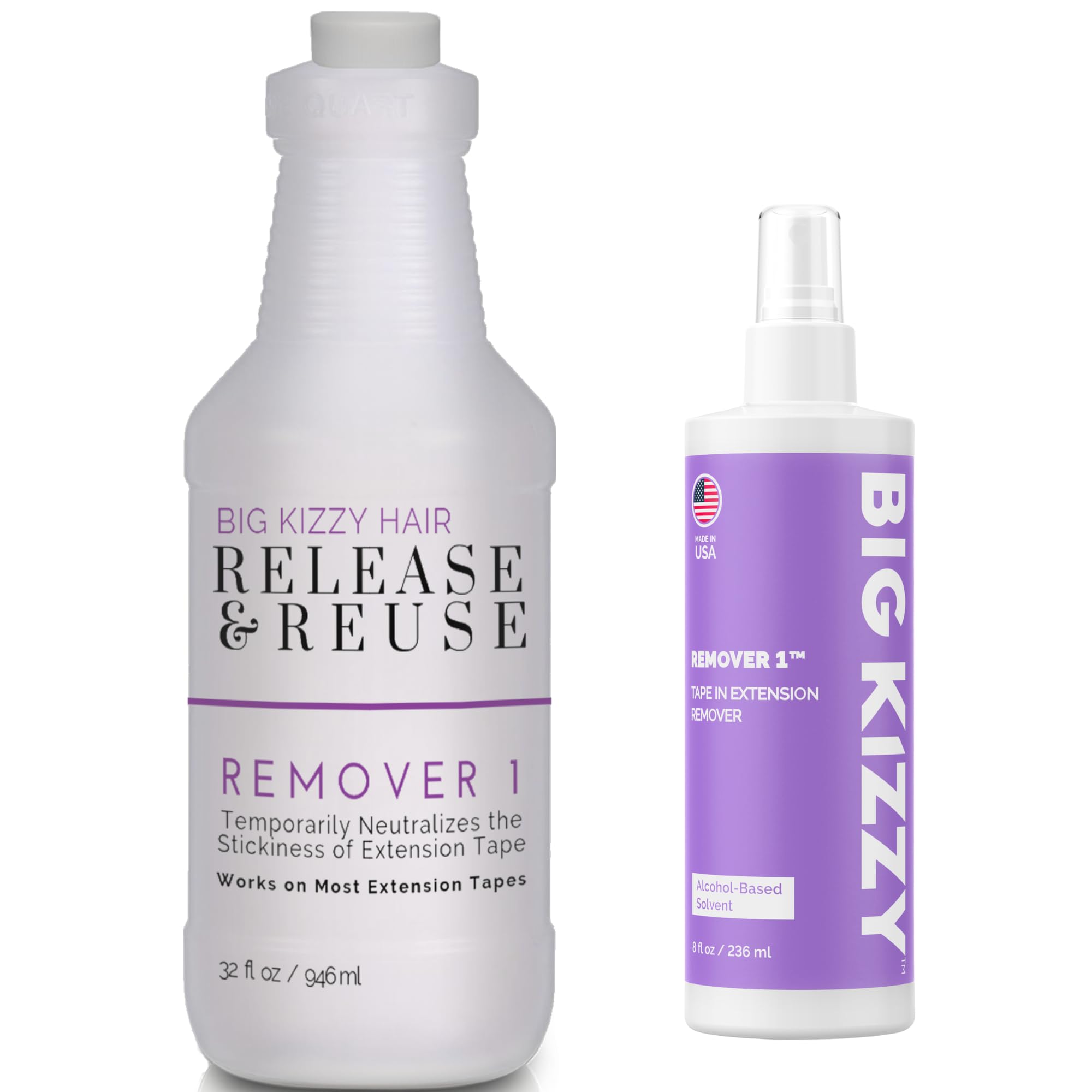Big Kizzy Remover 1, Release & Reuse, 32oz Salon Size + Free 8oz, Tape In Hair Extension Remover, Tested & Proven Fastest & Easiest Adhesive Remover, Professional Quality