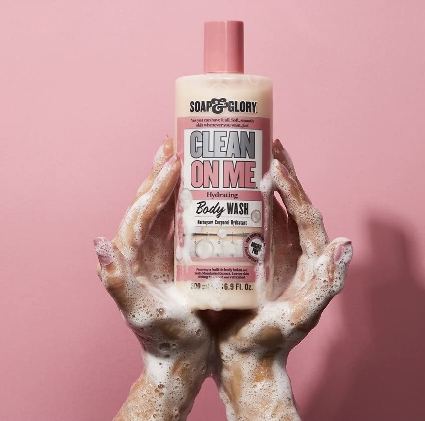 Soap & Glory Clean On Me Moisturizing Body Wash - Creamy Body Soap & Skin Cleanser with Built-In Body Lotion for Dry Skin - Bergamot & Rose Scented Body Wash for Women & Men (500ml)