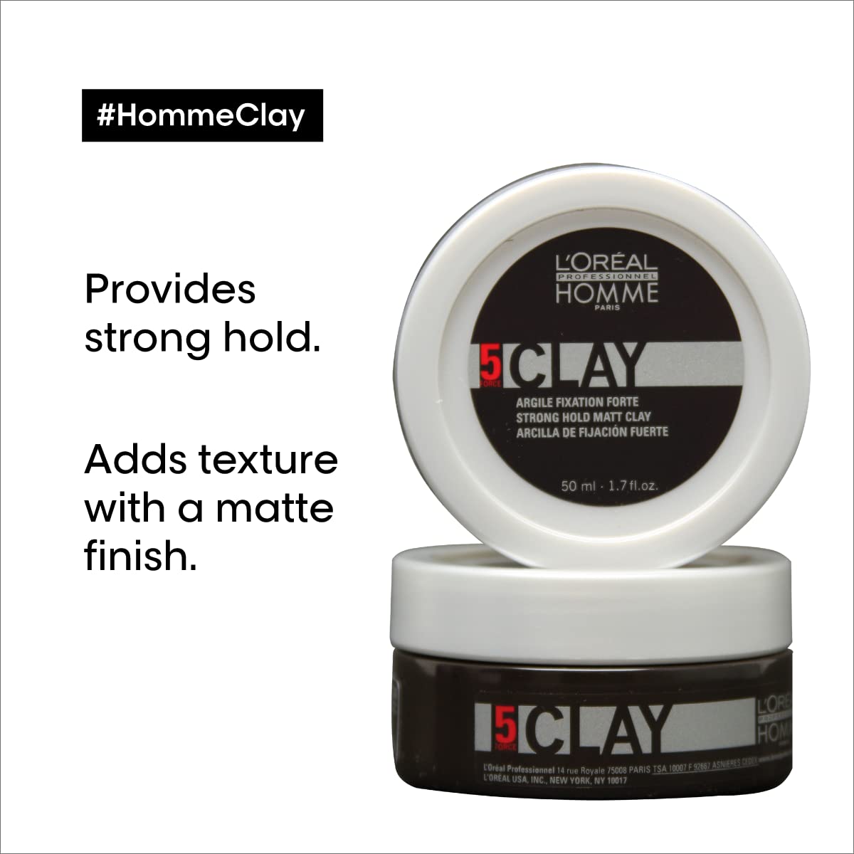L'Oréal Professionnel Men’s Styling Clay - For All Hair Types, Provides Strong Hold and Matte Finish
