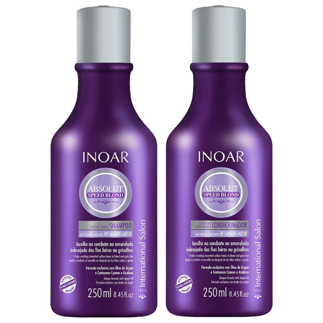 INOAR – Absolut Speed Blond Shampoo & Conditioner Set Designed for Bleached, Blonde, Brassy, and Grey Hair Types, Vegan Hair Product, Cruelty Free Haircare for Men and Women (2 Bottles, 8.5oz. each)