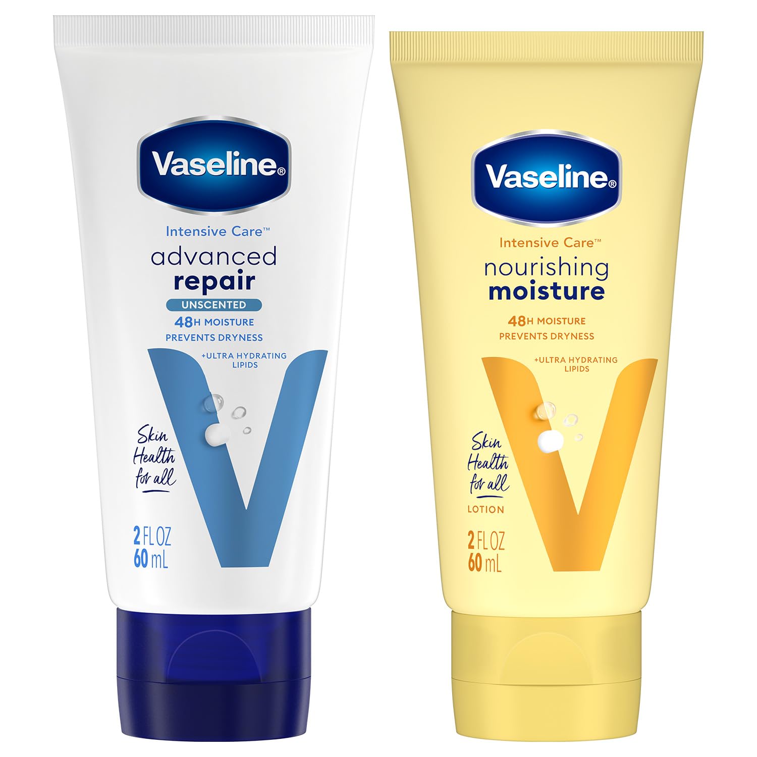 Vaseline Intensive Care Lotion Bundle – Advanced Repair Unscented Lotion & Nourishing Moisture Hand & Body Lotion for Extremely Dry Skin, 2 Oz Ea (2 Piece Set)