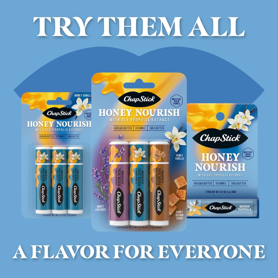 ChapStick Lip Balm Honey Nourish, Moisturizing Fomula with Shea Butter and Avocado Butter, Vitamin E, Honey Vanilla Flavor, 3CT BC .45OZ