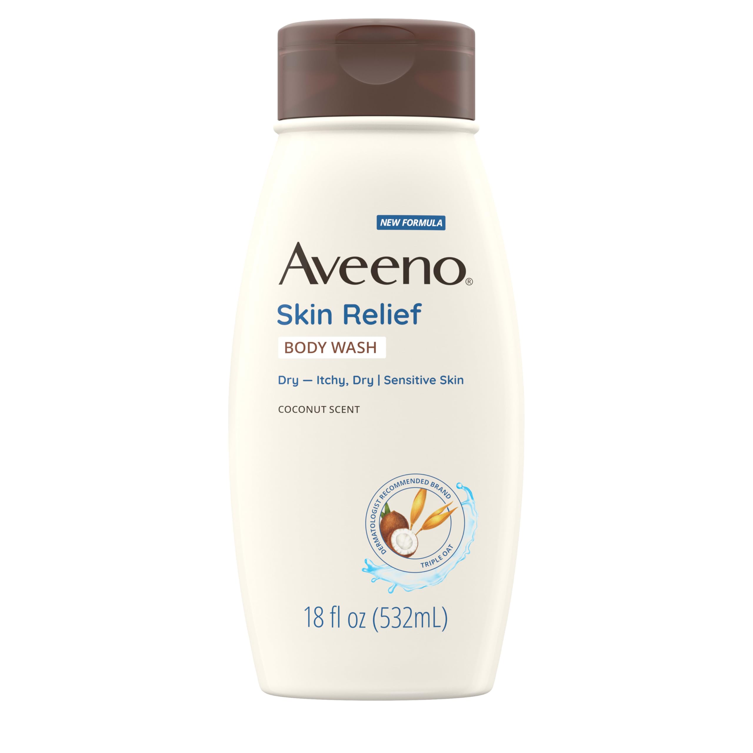 Aveeno Skin Relief Body Wash with a Gentle Coconut Scent & Triple Oat Formula, Daily Cleanser for Sensitive Skin Leaves Itchy, Dry Skin Feeling Soothed & Moisturized, Soap-Free, 18 fl. oz