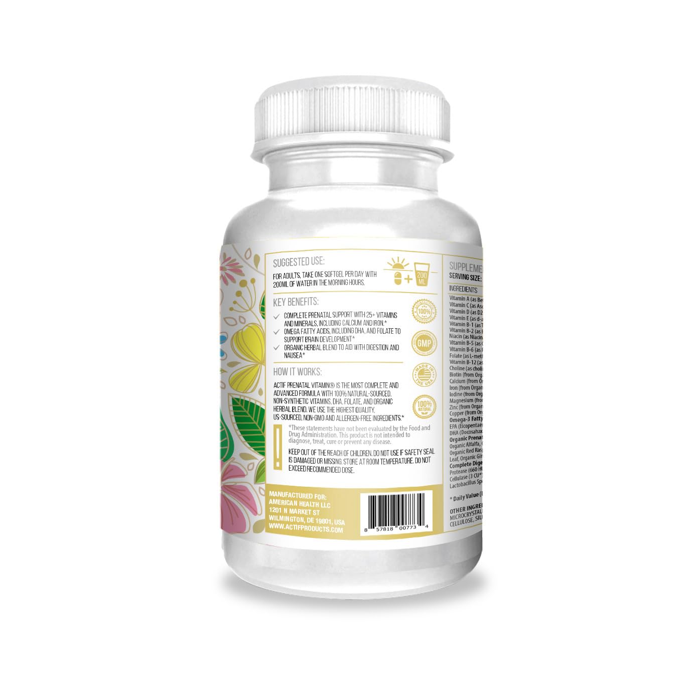 ACTIF Organic Prenatal Vitamin with 30+ Organic Vitamins, 100% Natural, DHA, EPA, Omega 3, and Organic Herbal Blend - Non-GMO, 90 Count