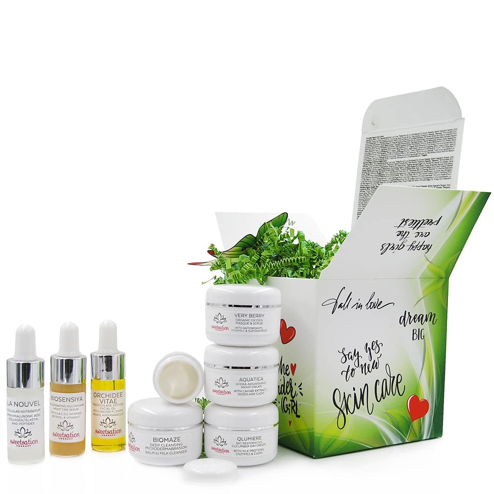 Sweetsation Therapy Box of Beauty Secrets. Travel collection of 8 Key Products. Facial Hyaluronic acid Serum, Facial Oil, Multi Vitamin Serum, Anti aging moisturizer, Eye cream.