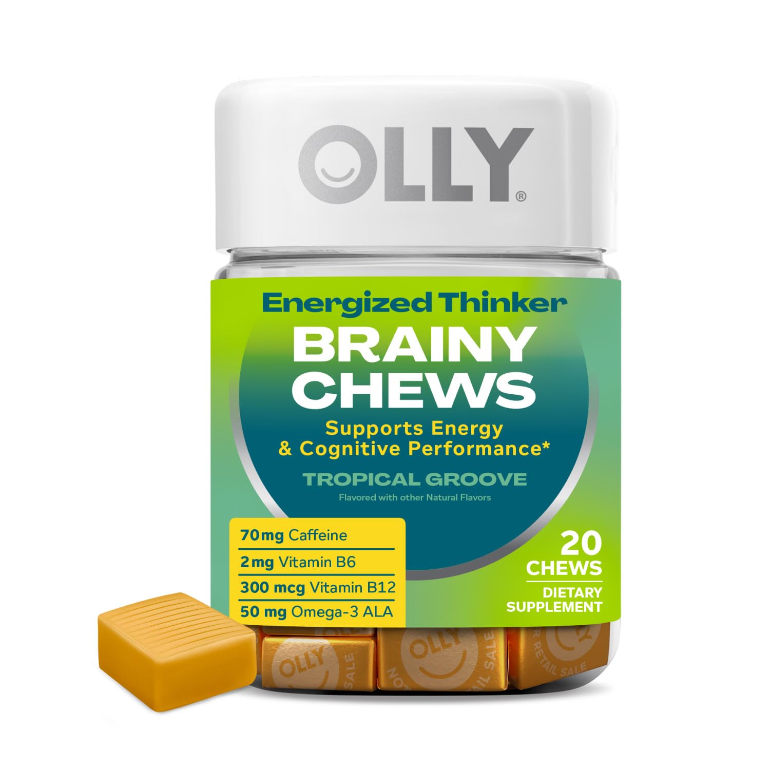 OLLY Energized Thinker Brainy Chews, 70mg of Caffeine, Vitamin B12 & Omega-3, Energy Supplement, Tropical, Vegetarian, 20 Count