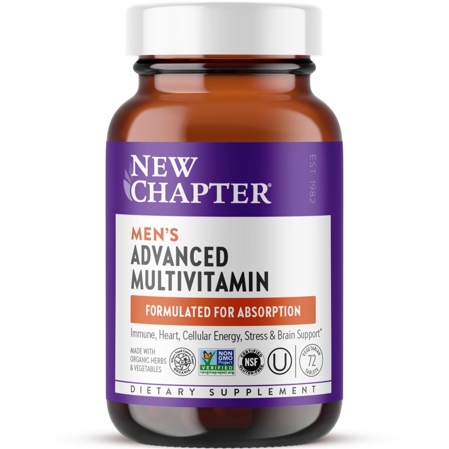New Chapter Men's Multivitamin Advanced Formula for Stress, Brain, Immune, Heart & Energy Support, Higher Levels of Whole-Food Fermented Essential Nutrients for Men + Selenium + B Vitamins, 72 ct