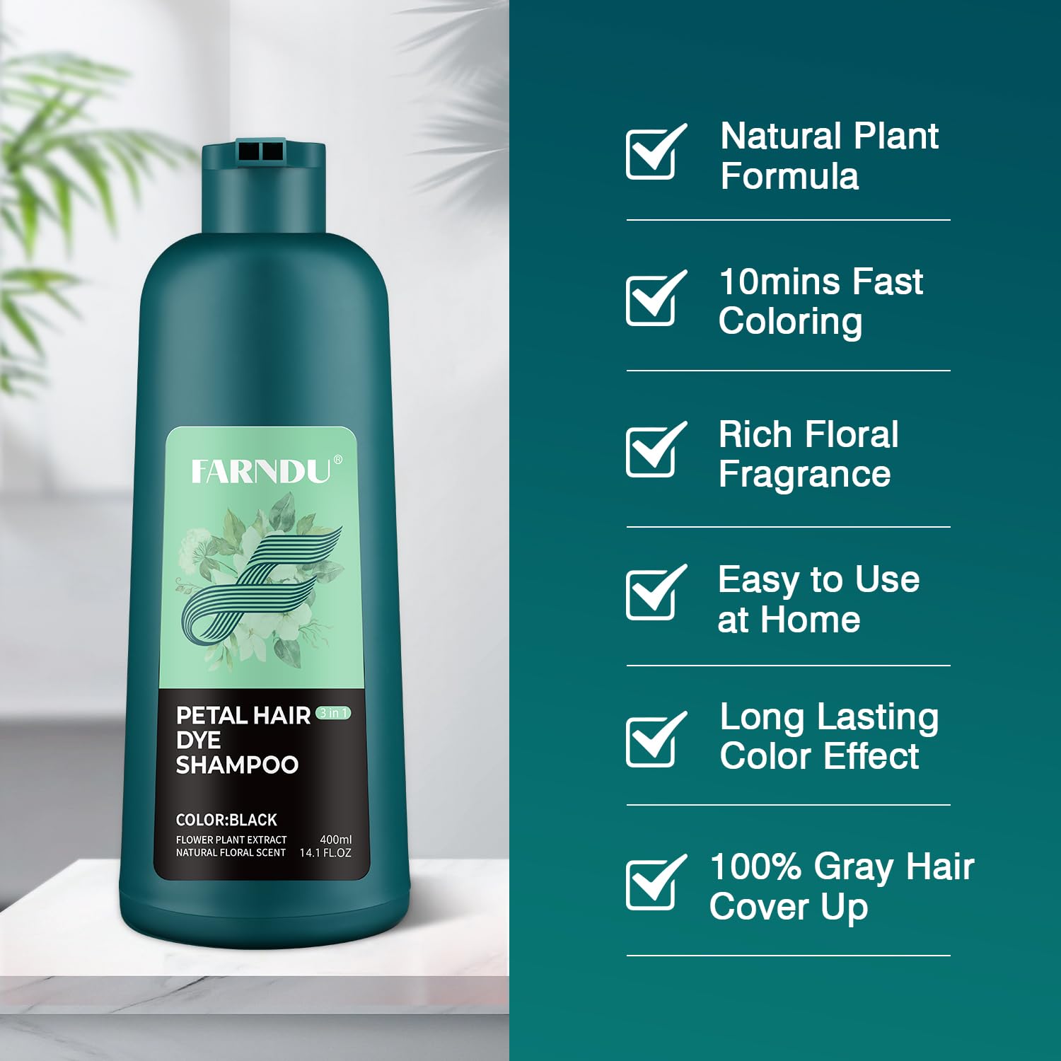 Farndu Black Hair Dye Shampoo 3 in 1 Gray Hair Coverage Natural Hair Color Shampoo for Women Men Champu Para Canas