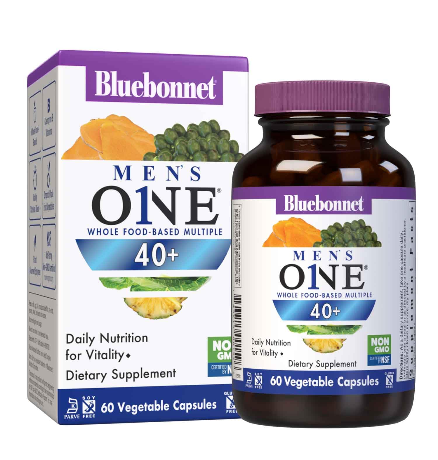 Bluebonnet Nutrition Mens' ONE 40+ Whole Food-Based Multiple, Men Multivitamin for Men 40+, Soy-Free, Non-GMO, Gluten Free, Kosher, 60 Vegetable Capsules, 60 Servings
