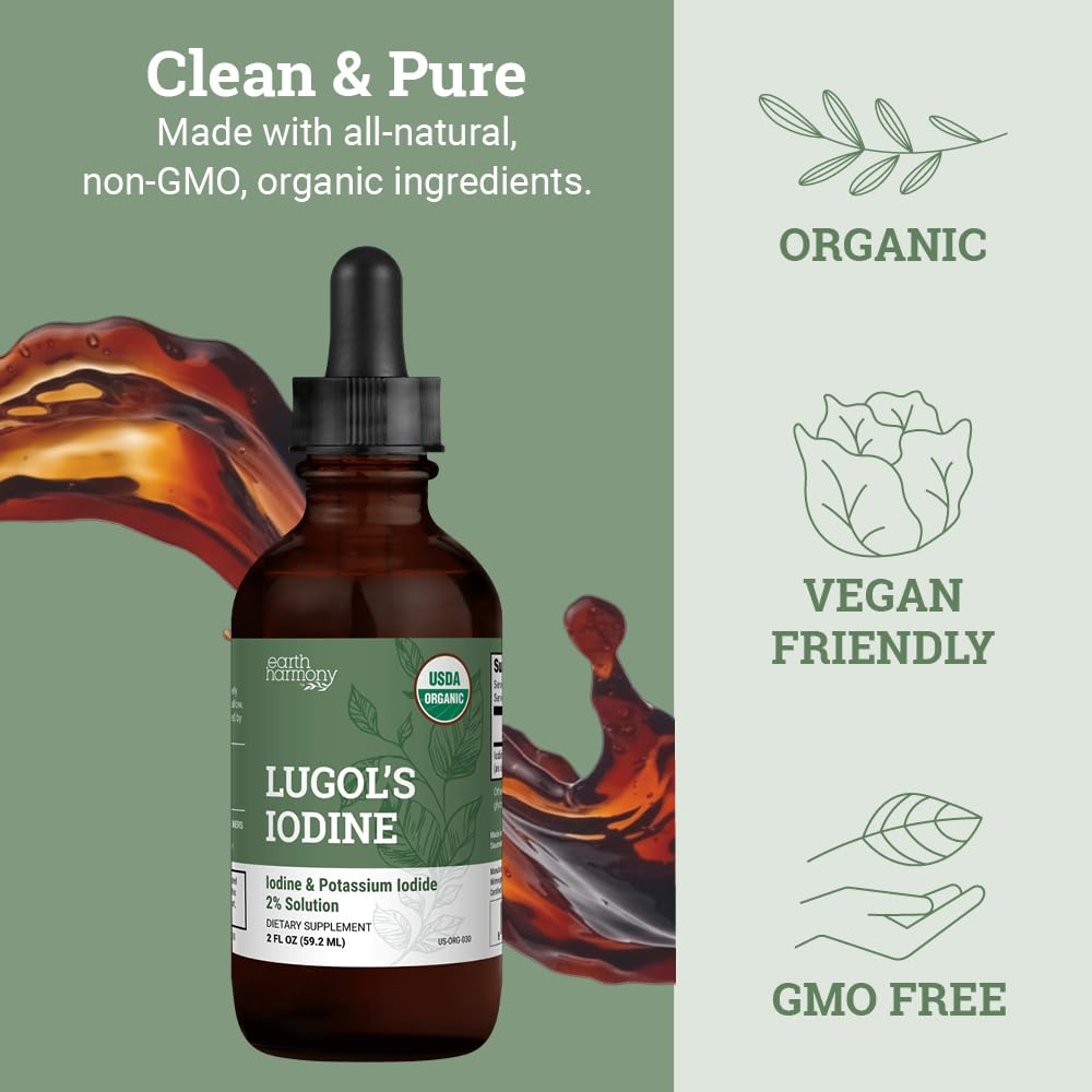 Organic Lugol's Iodine, Iodine and Potassium Iodide 2% Solution 3000 mcg - Liquid Supplement Drops for Thyroid Support for Women & Men, Metabolism Health, Detox Boost - Non-GMO, 395 Servings (2 Oz)