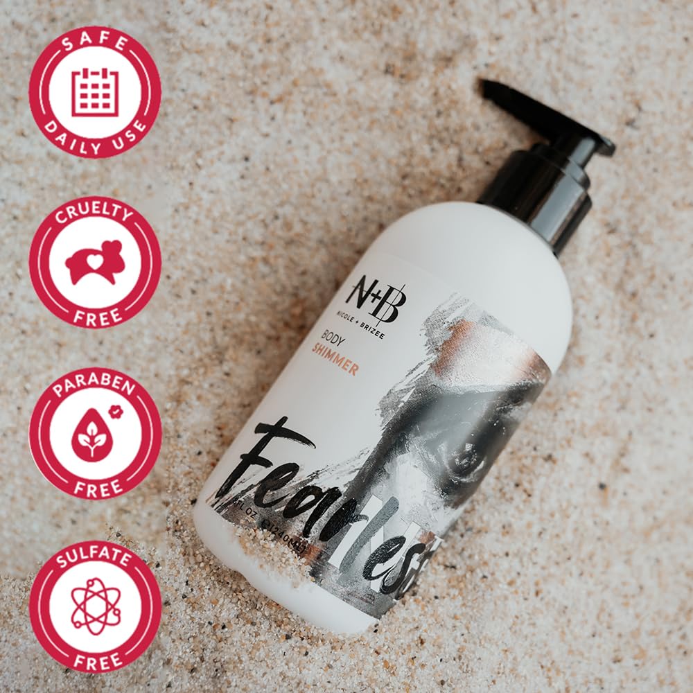 N+B Fearless Body Shimmer Lotion | Non-Sticky, Moisturizing, Body Highlighter | Made w/Alma Extract & Vitamin C | For Face, Hand, Body & All Skin Types, Rough, Dry Skin, Sensitive | 8oz