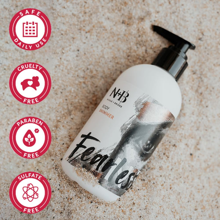 N+B Fearless Body Shimmer Lotion | Non-Sticky, Moisturizing, Body Highlighter | Made w/Alma Extract & Vitamin C | For Face, Hand, Body & All Skin Types, Rough, Dry Skin, Sensitive | 8oz
