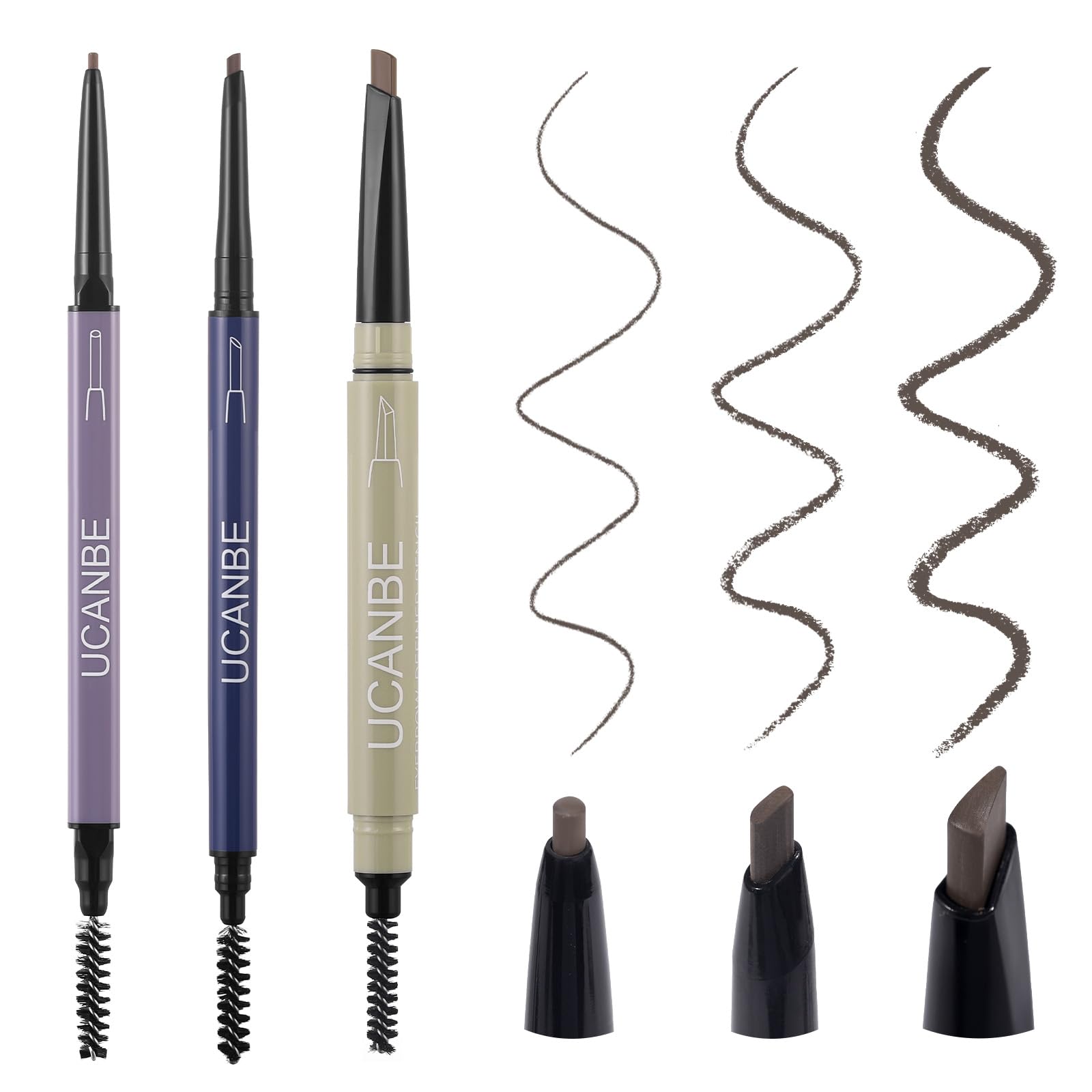 UCANBE 3 PCS Eyebrow Pencils for Women, Brow Pencil Included 3 Types of Tips - Shapes, Defines, Fills, Dual-Sided, Long-Lasting Brow Makeup, Brown